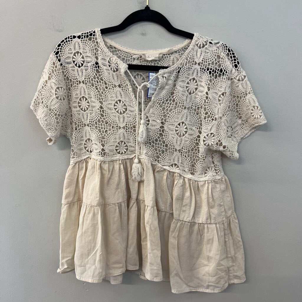 Altar'd State Cream Crochet Lace Short Sleeve Top Small