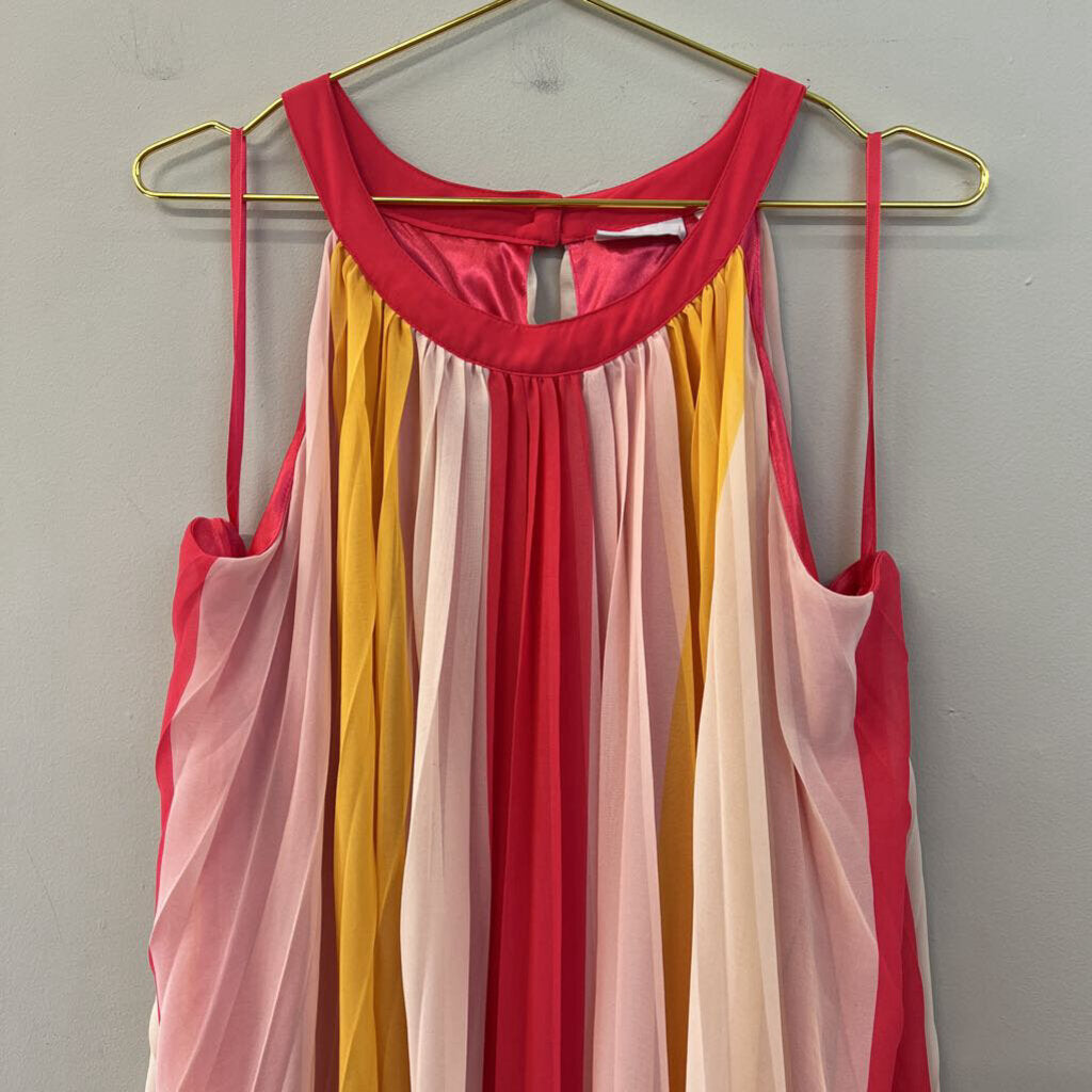 New York and Company Pink/ Multi Striped Pleated Maxi Dress Extra Large