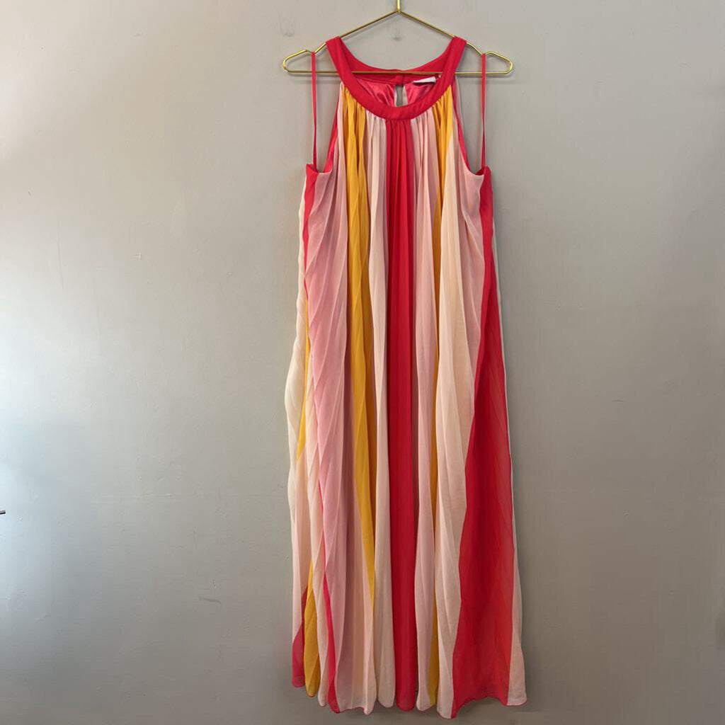 New York and Company Pink/ Multi Striped Pleated Maxi Dress Extra Large
