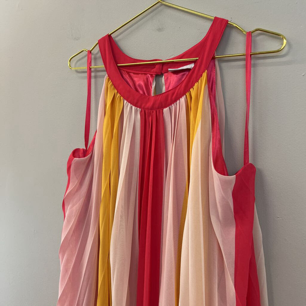 New York and Company Pink/ Multi Striped Pleated Maxi Dress Extra Large
