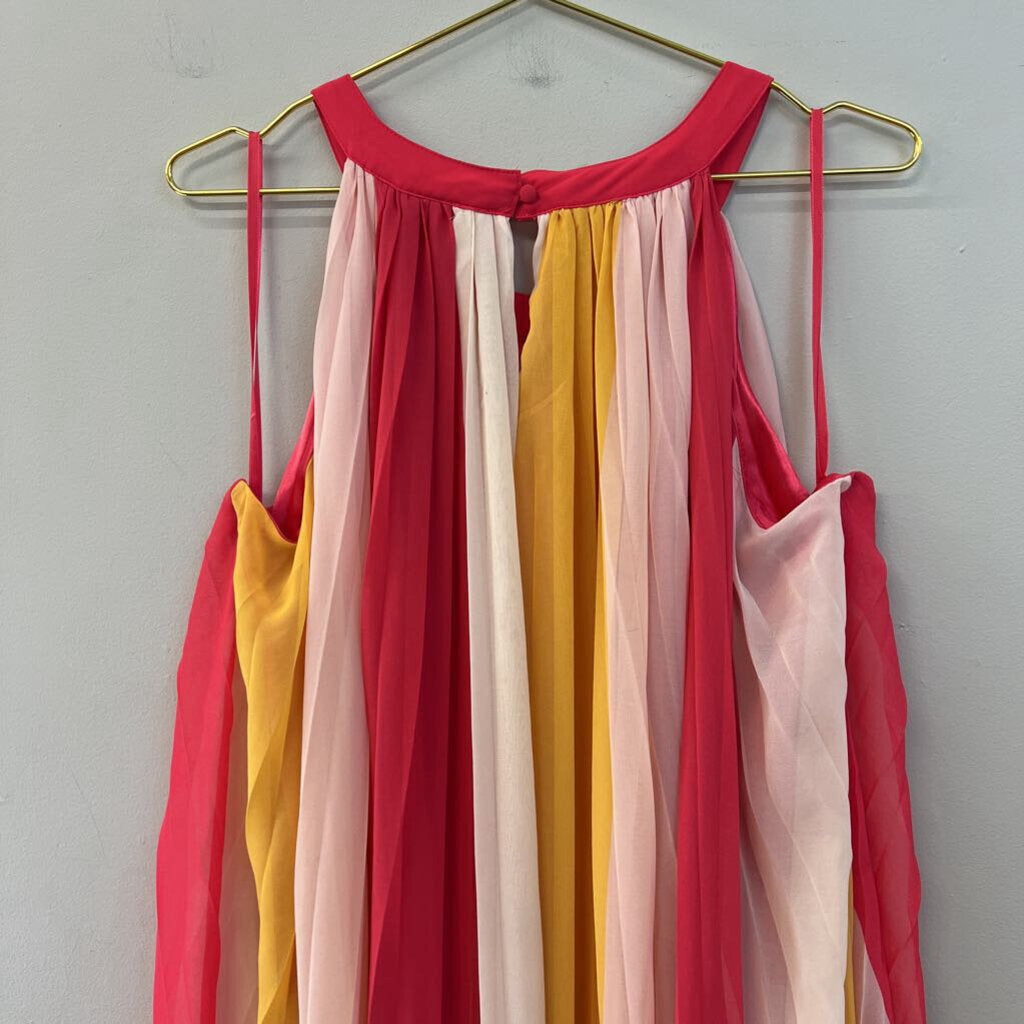 New York and Company Pink/ Multi Striped Pleated Maxi Dress Extra Large