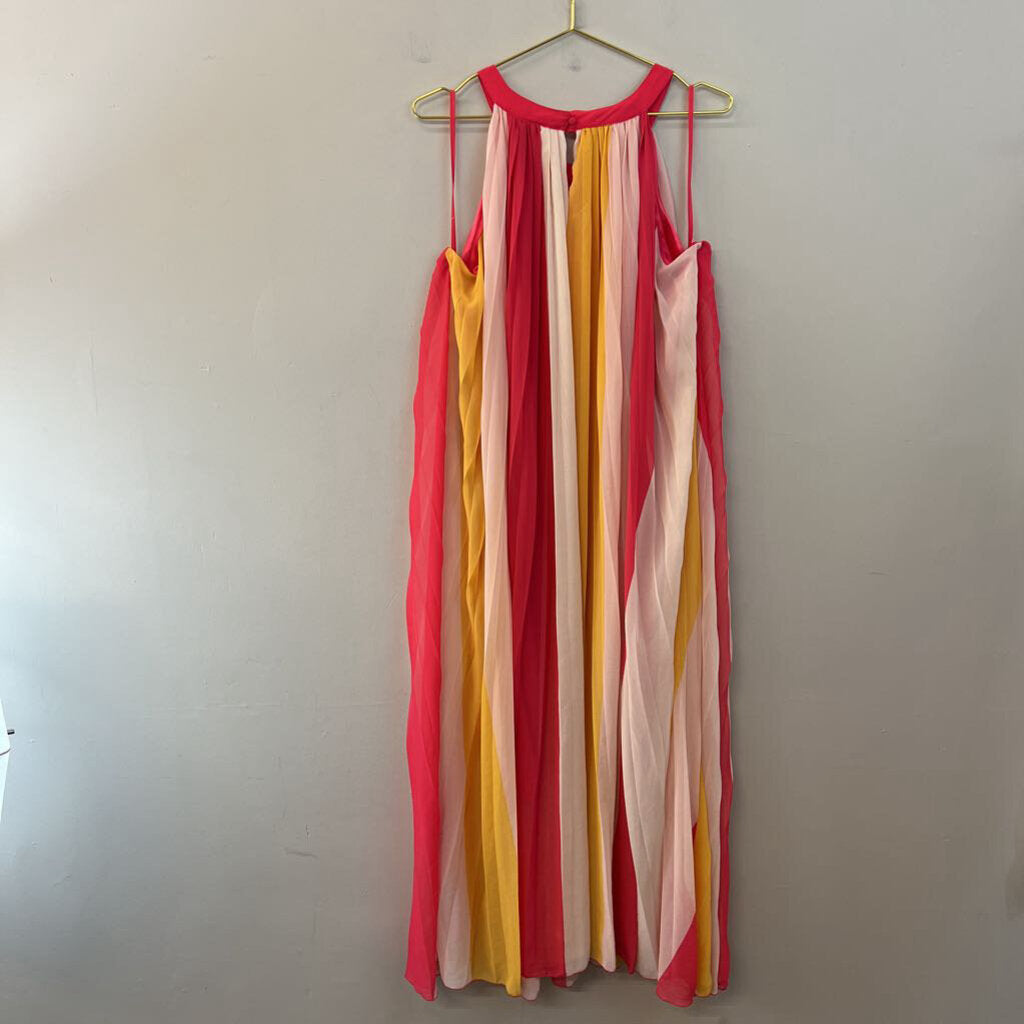 New York and Company Pink/ Multi Striped Pleated Maxi Dress Extra Large