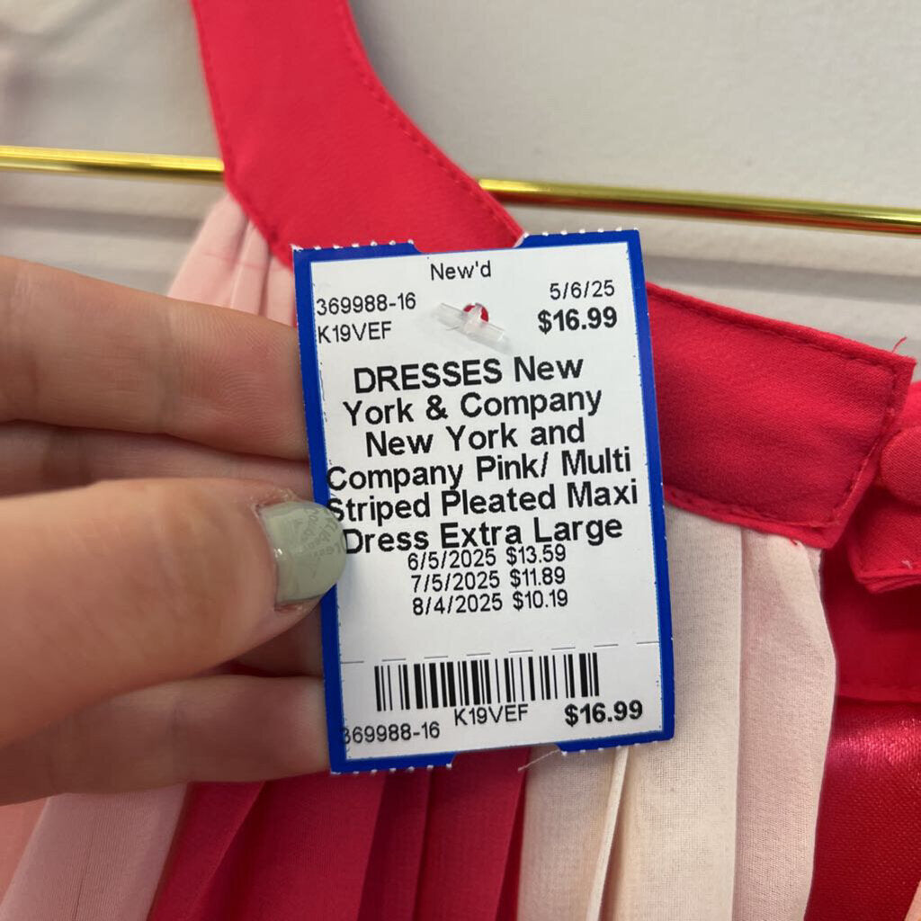 New York and Company Pink/ Multi Striped Pleated Maxi Dress Extra Large