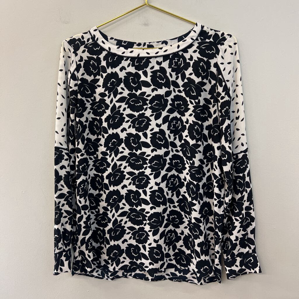 Loft Black/ White Floral Print Long Sleeve Top XXS
