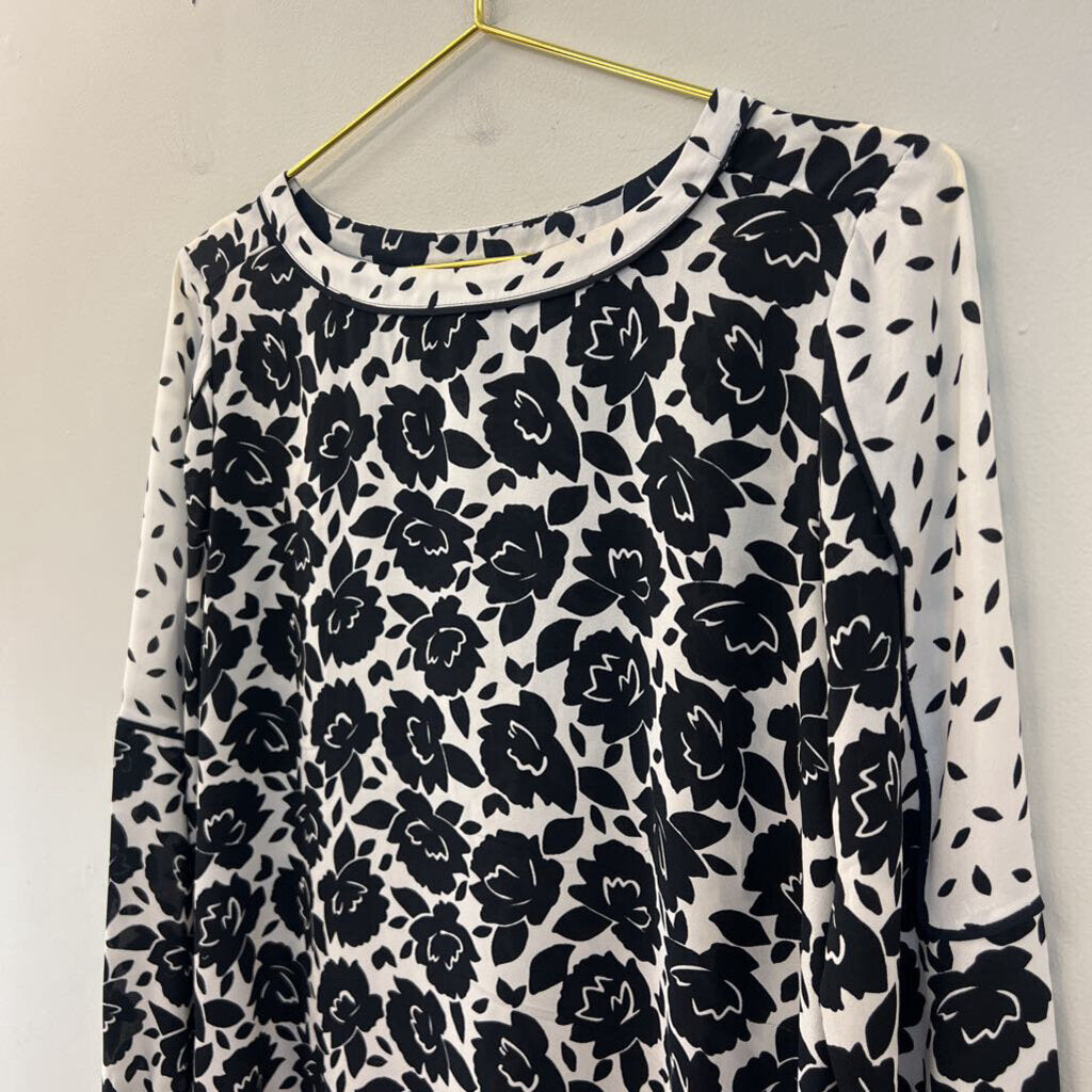 Loft Black/ White Floral Print Long Sleeve Top XXS
