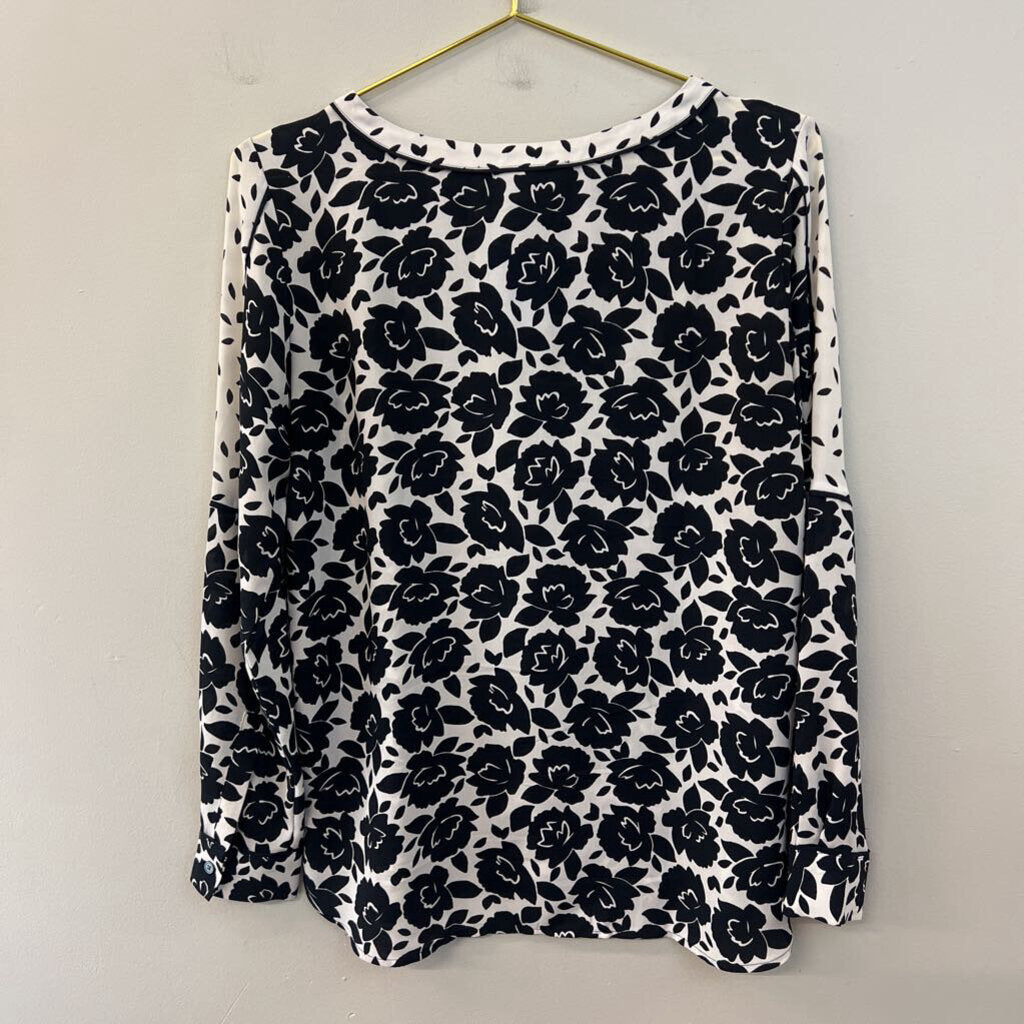 Loft Black/ White Floral Print Long Sleeve Top XXS