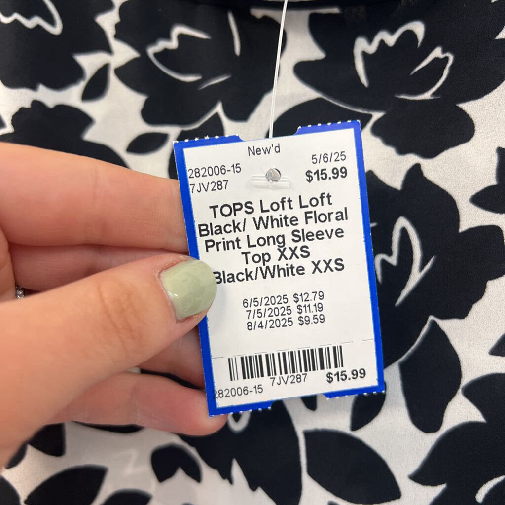Loft Black/ White Floral Print Long Sleeve Top XXS