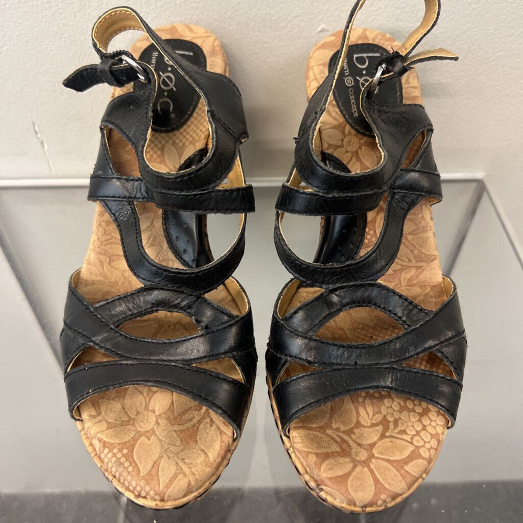 BOC Born Concept Black Strappy Cork Wedge Sandal Heels 7