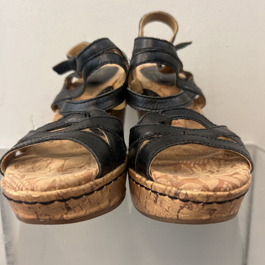 BOC Born Concept Black Strappy Cork Wedge Sandal Heels 7
