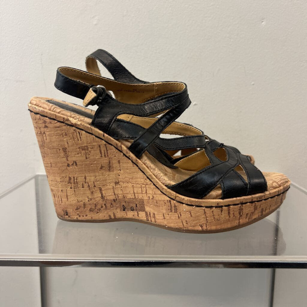 BOC Born Concept Black Strappy Cork Wedge Sandal Heels 7