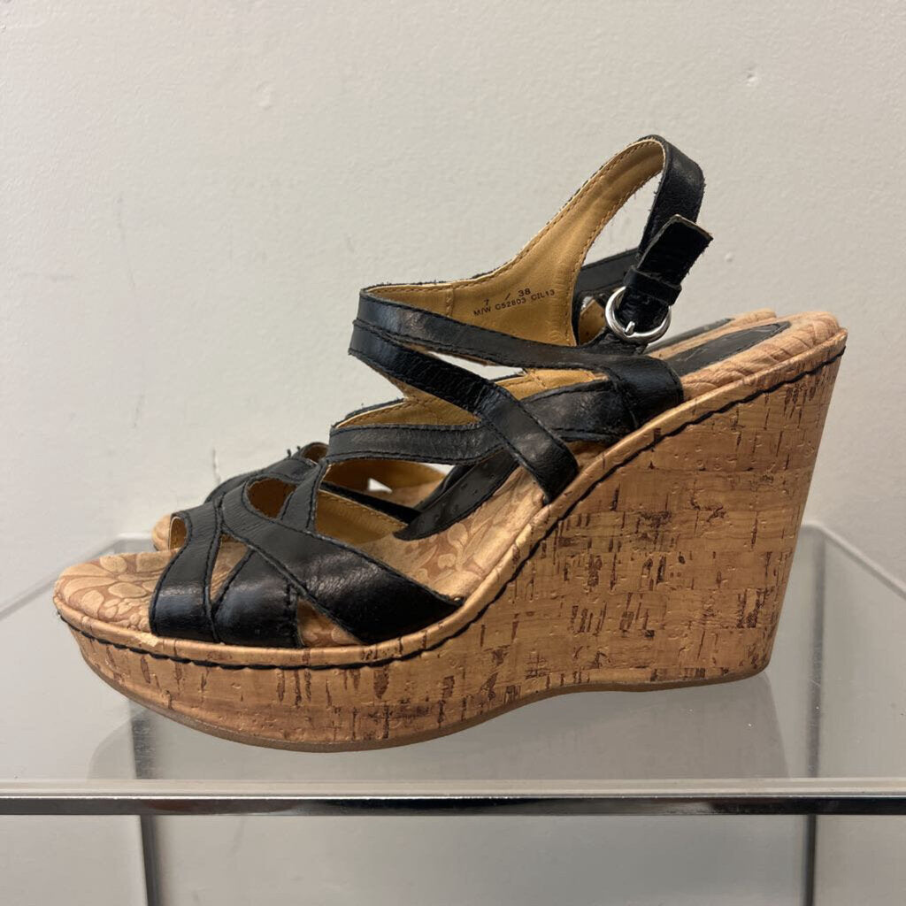 BOC Born Concept Black Strappy Cork Wedge Sandal Heels 7