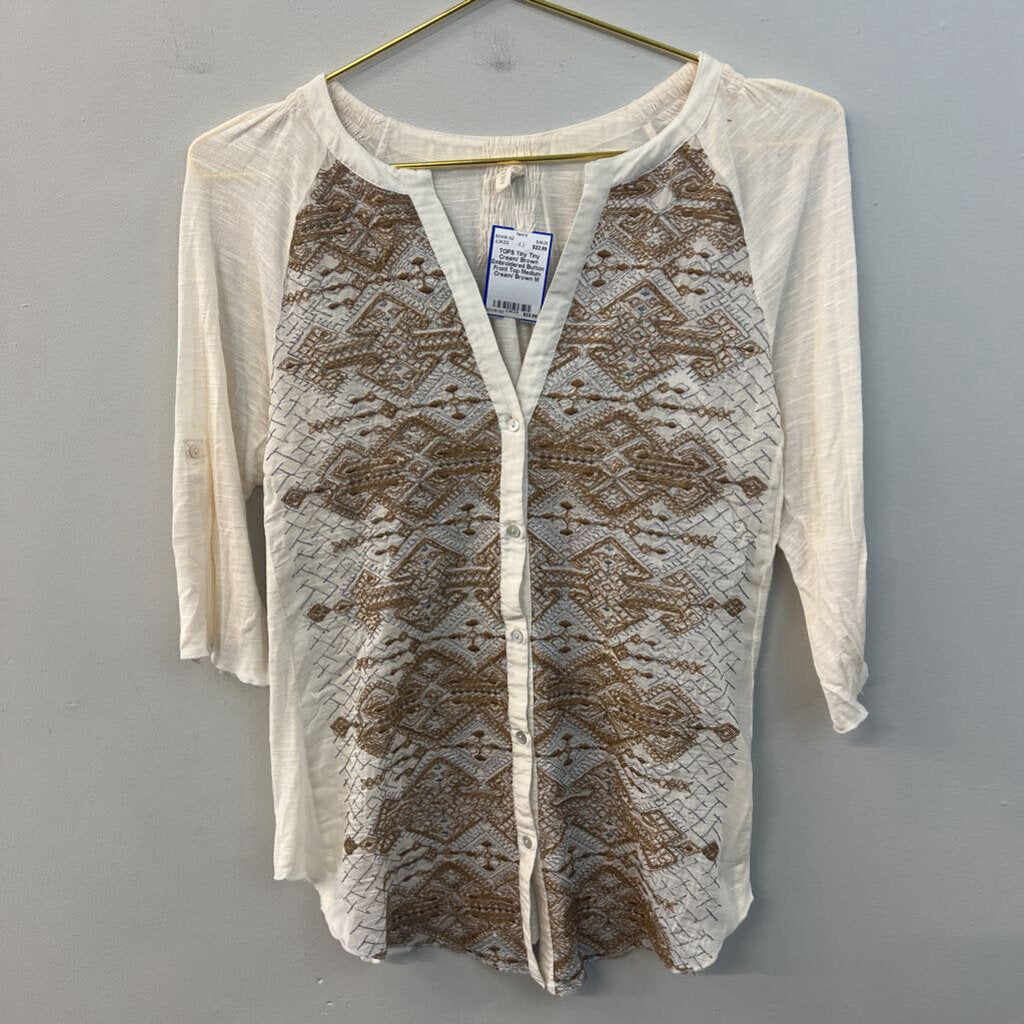 Tiny Cream/ Brown Embroidered Button Front Top Medium