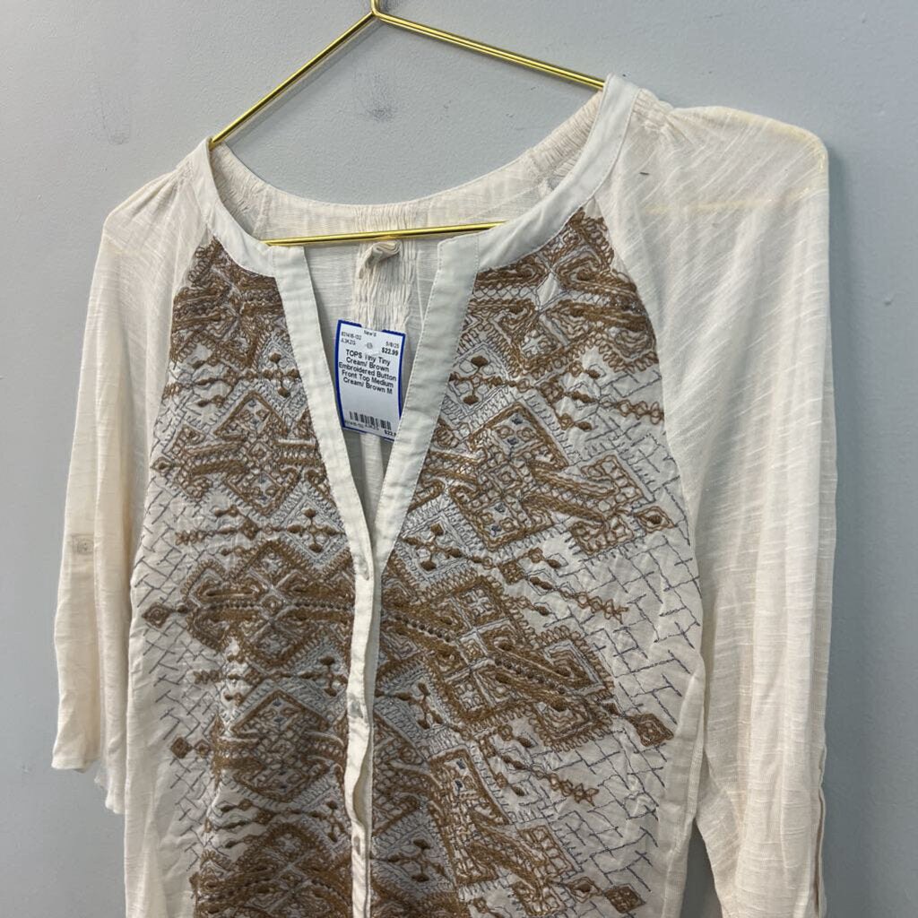 Tiny Cream/ Brown Embroidered Button Front Top Medium