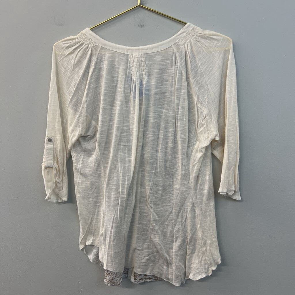 Tiny Cream/ Brown Embroidered Button Front Top Medium