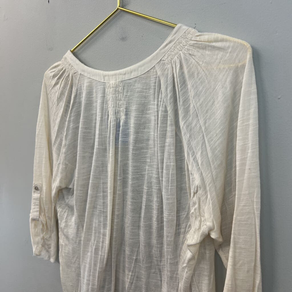 Tiny Cream/ Brown Embroidered Button Front Top Medium
