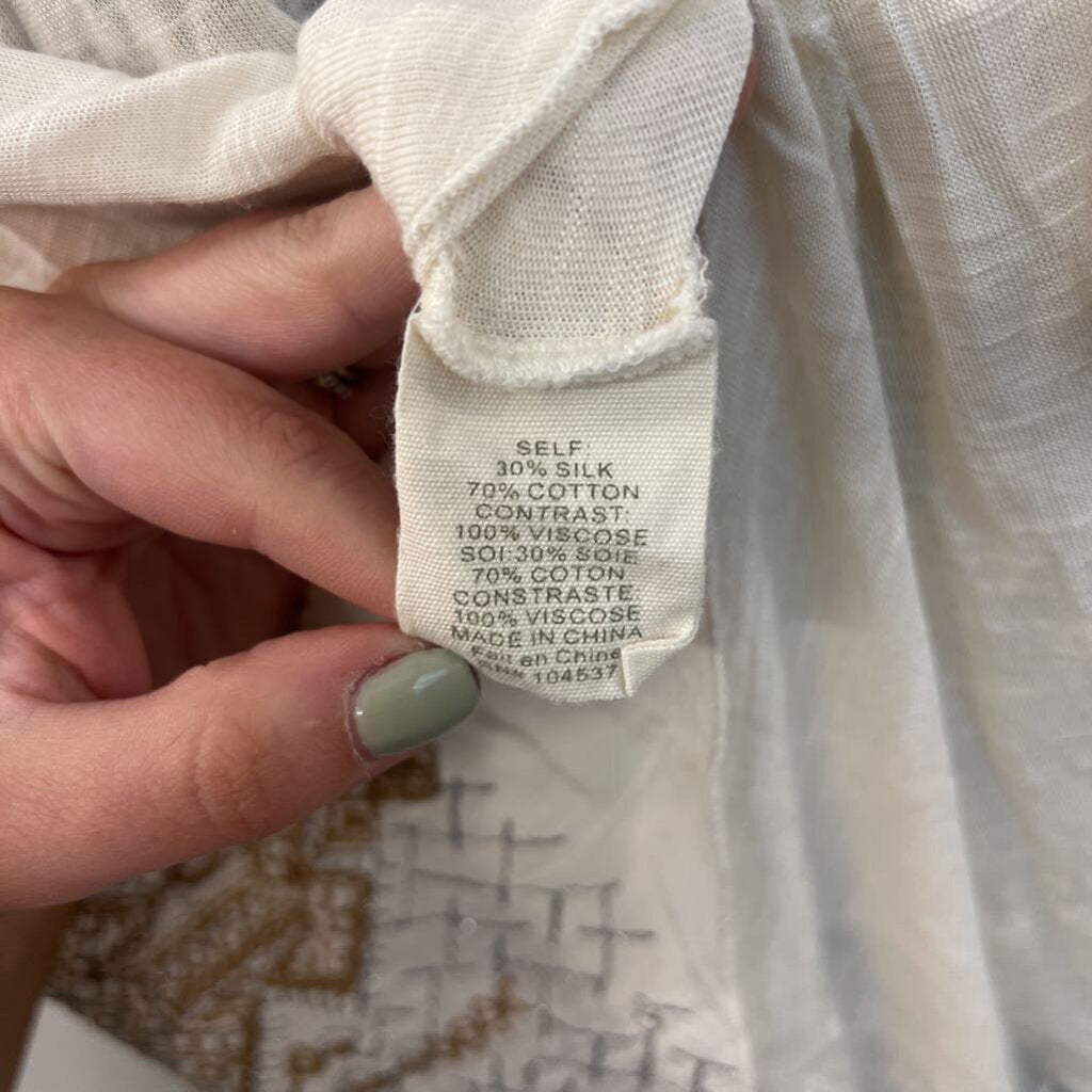 Tiny Cream/ Brown Embroidered Button Front Top Medium