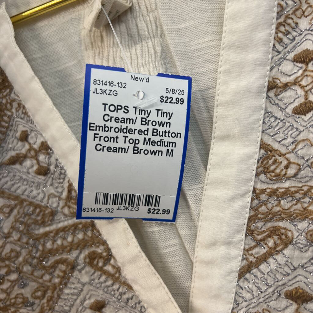 Tiny Cream/ Brown Embroidered Button Front Top Medium