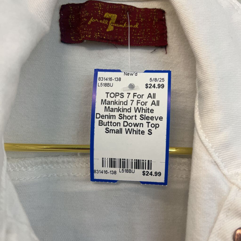7 For All Mankind White Denim Short Sleeve Button Down Top Small