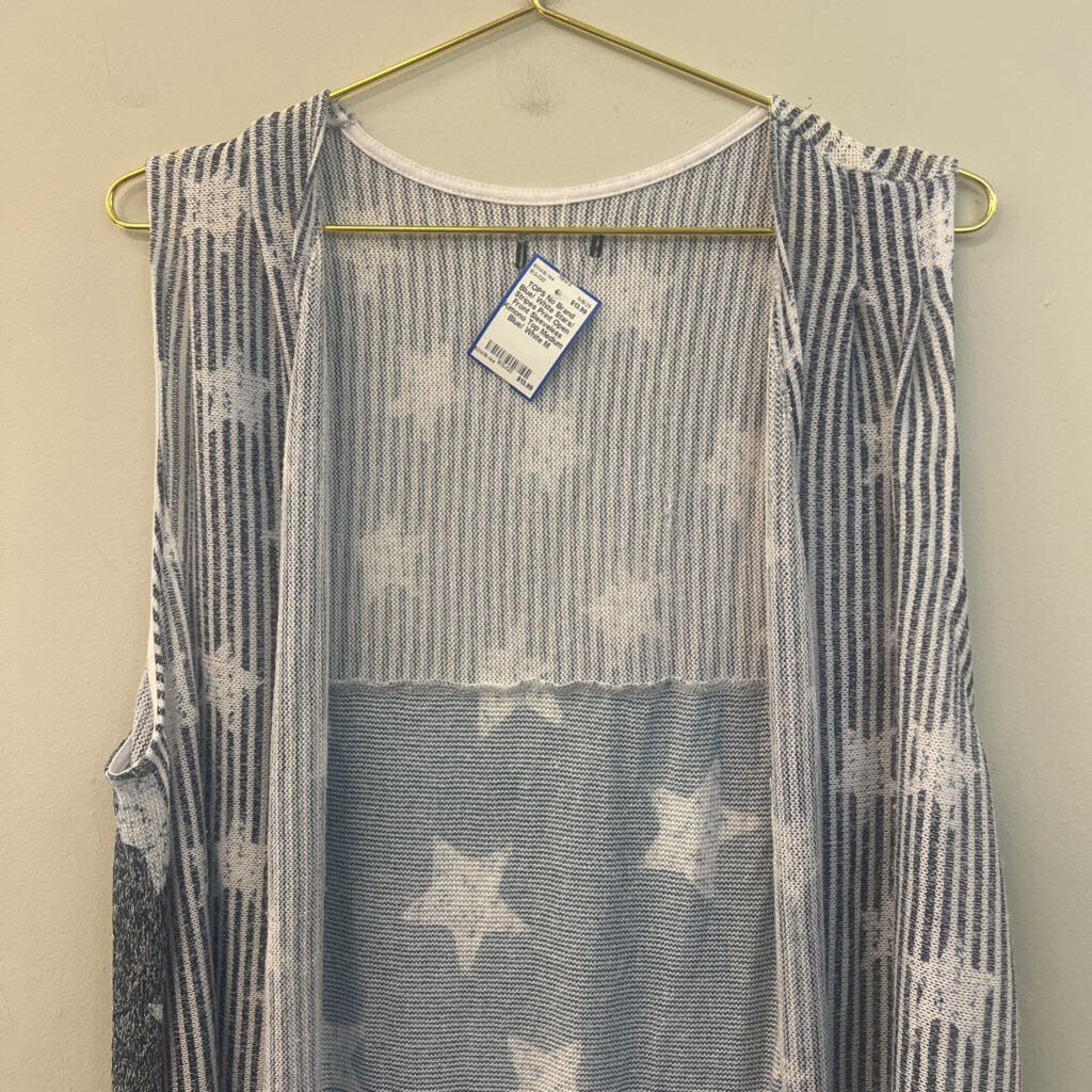 Blue/ White Stars/ Stripes Print Open Front Sleeveless Kimono Top Medium