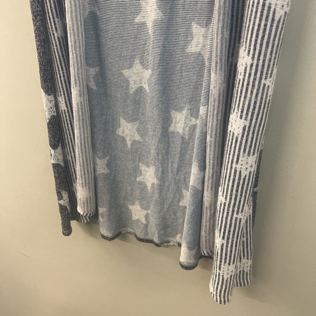 Blue/ White Stars/ Stripes Print Open Front Sleeveless Kimono Top Medium