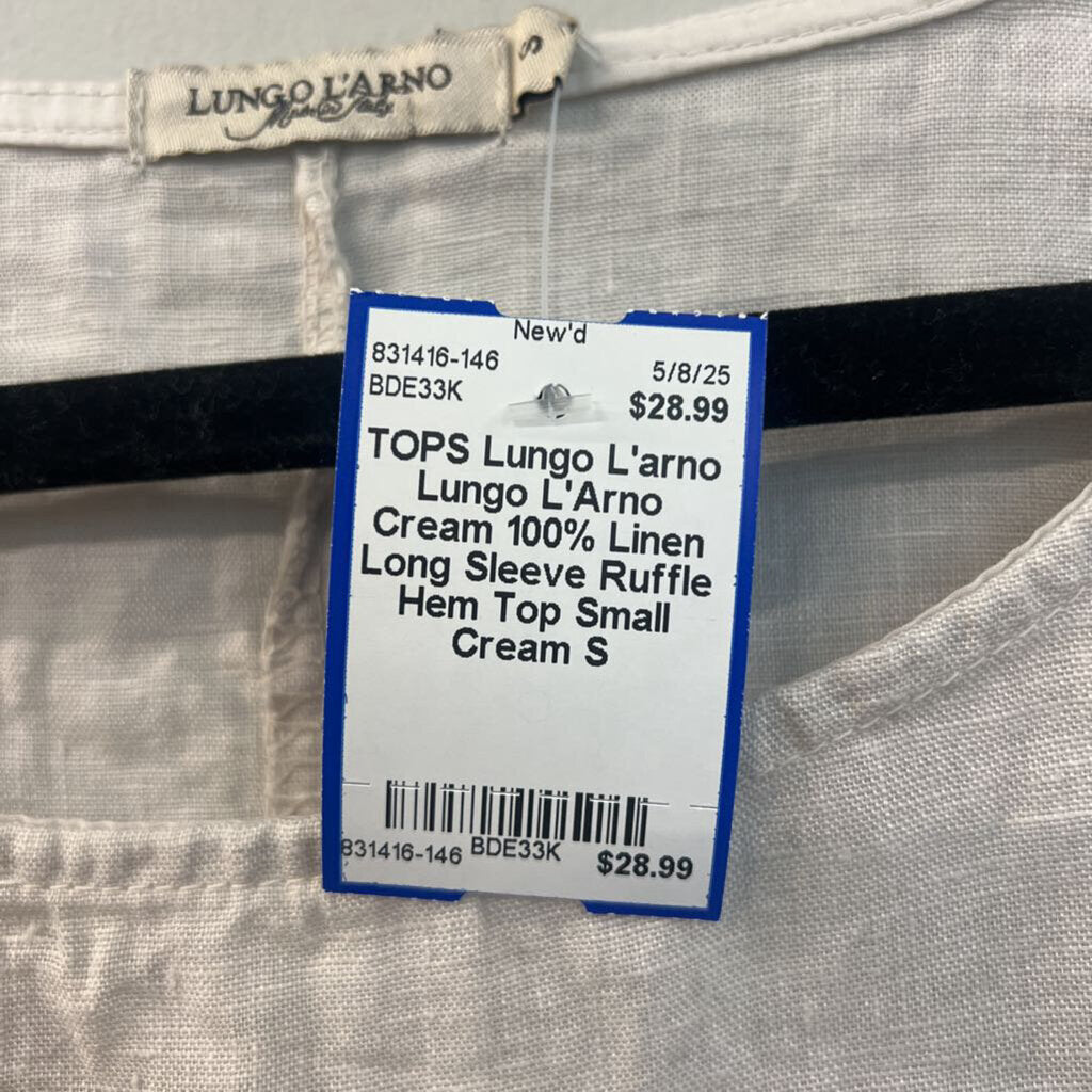Lungo L'Arno Cream 100% Linen Long Sleeve Ruffle Hem Top Small