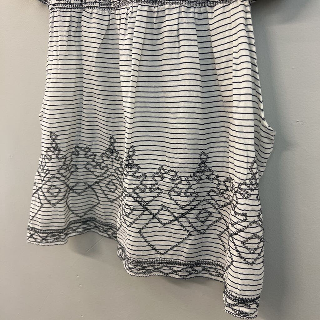 Anthropologie White/ Black Striped Short Ruffle Sleeve Top Large