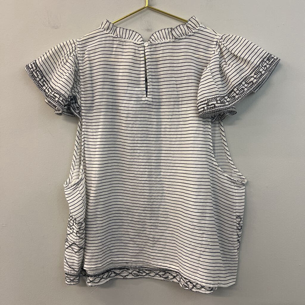Anthropologie White/ Black Striped Short Ruffle Sleeve Top Large