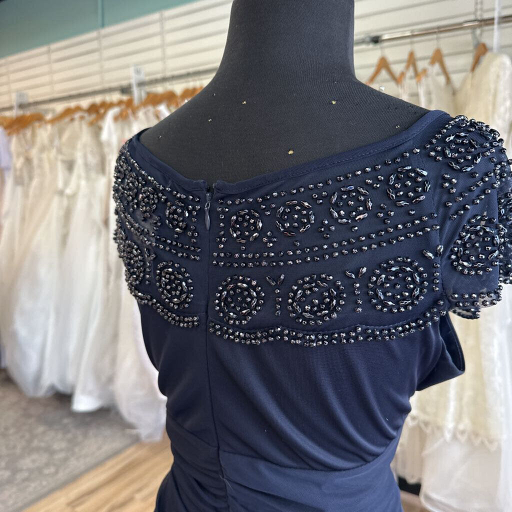 MSK Navy Beaded Off Shoulder Ruched Detail Long Formal Dress 14