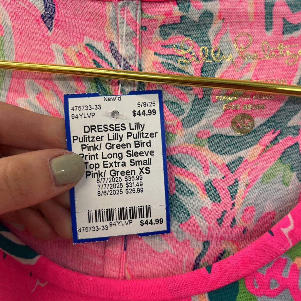 Lilly Pulitzer Pink/ Green Bird Print Long Sleeve Top Extra Small