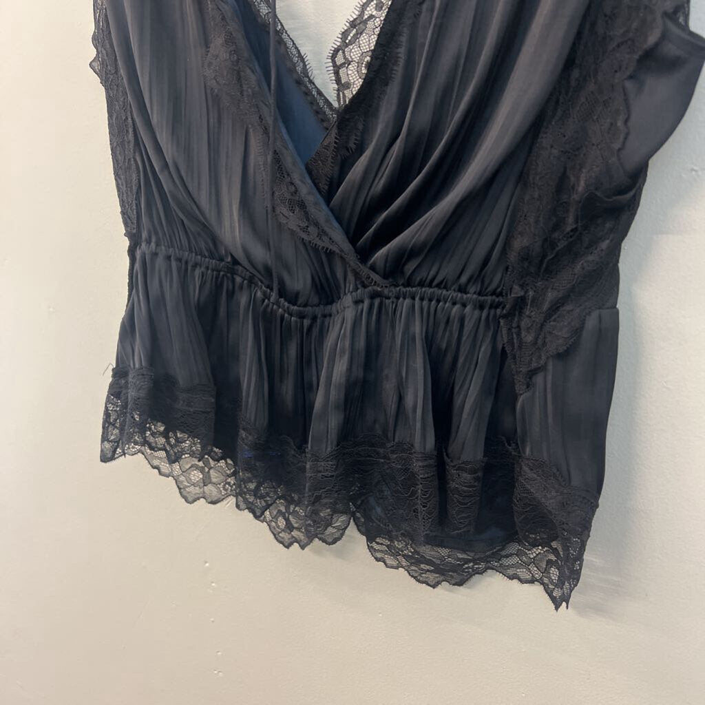 Anthropologie Black Silky Lace Edge Tank Top Medium