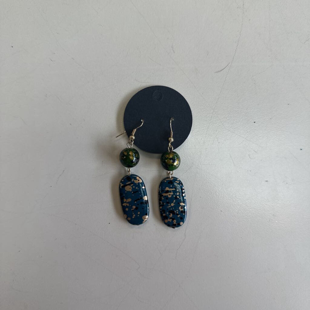 Blue/ Green Speckled Gold Drop Stone Earrings