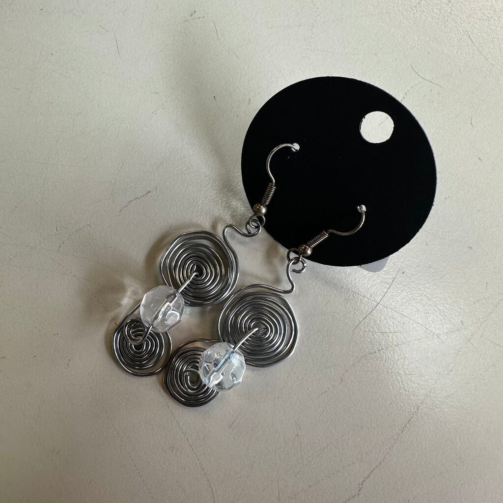 Silver Double Swirl/ Bead Drop Earrings