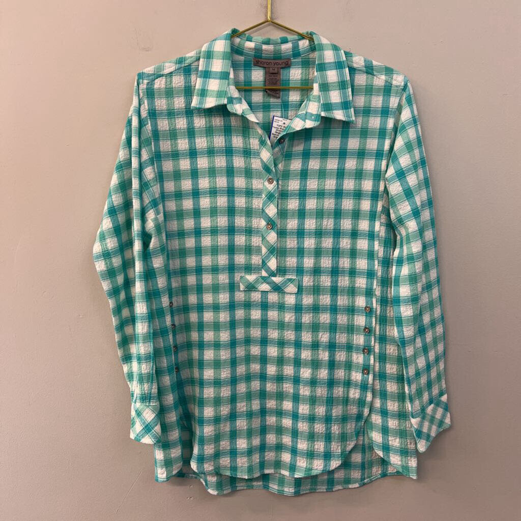 Sharon Young Green/ White Gingham Long Sleeve Top Medium