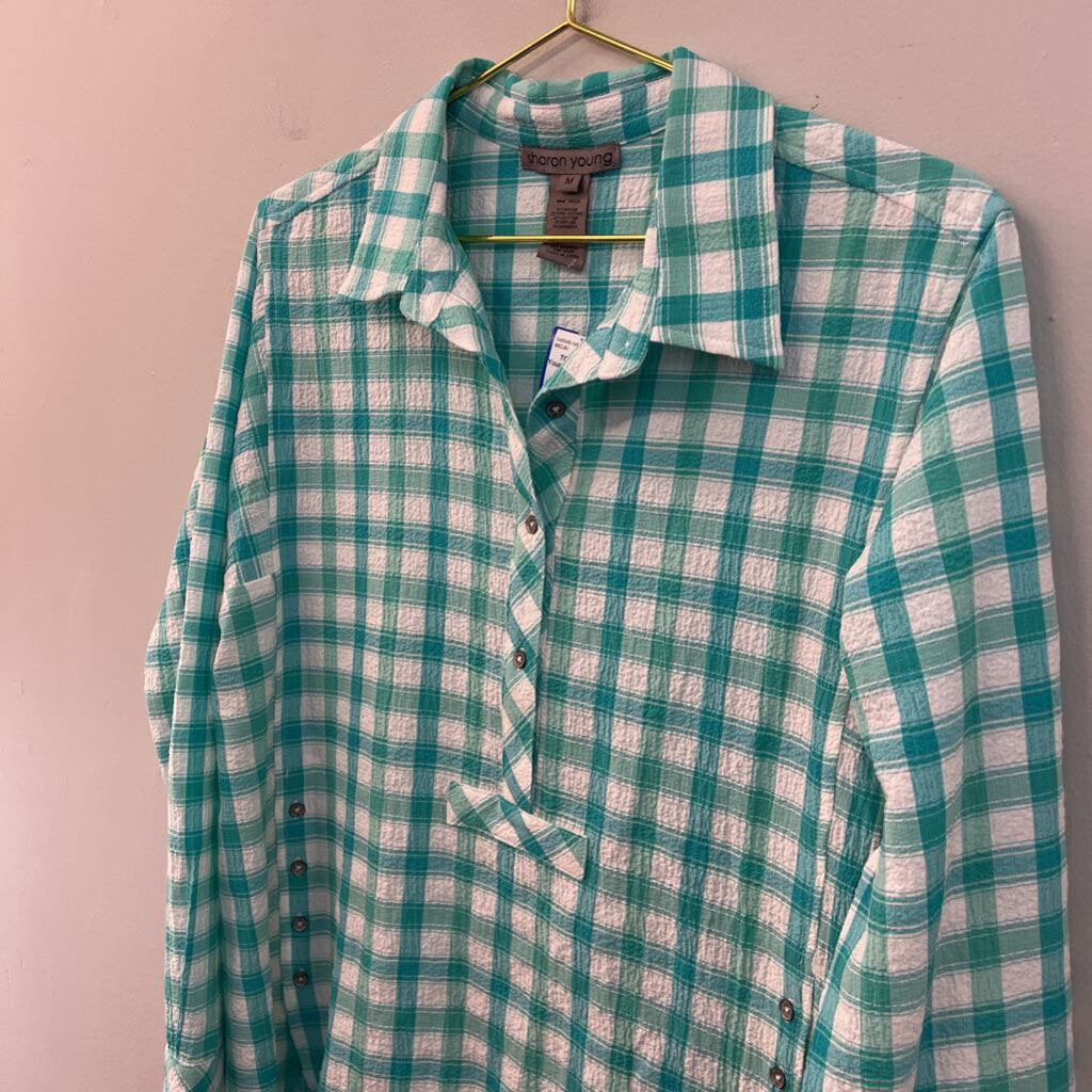 Sharon Young Green/ White Gingham Long Sleeve Top Medium