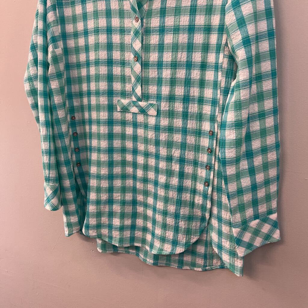 Sharon Young Green/ White Gingham Long Sleeve Top Medium