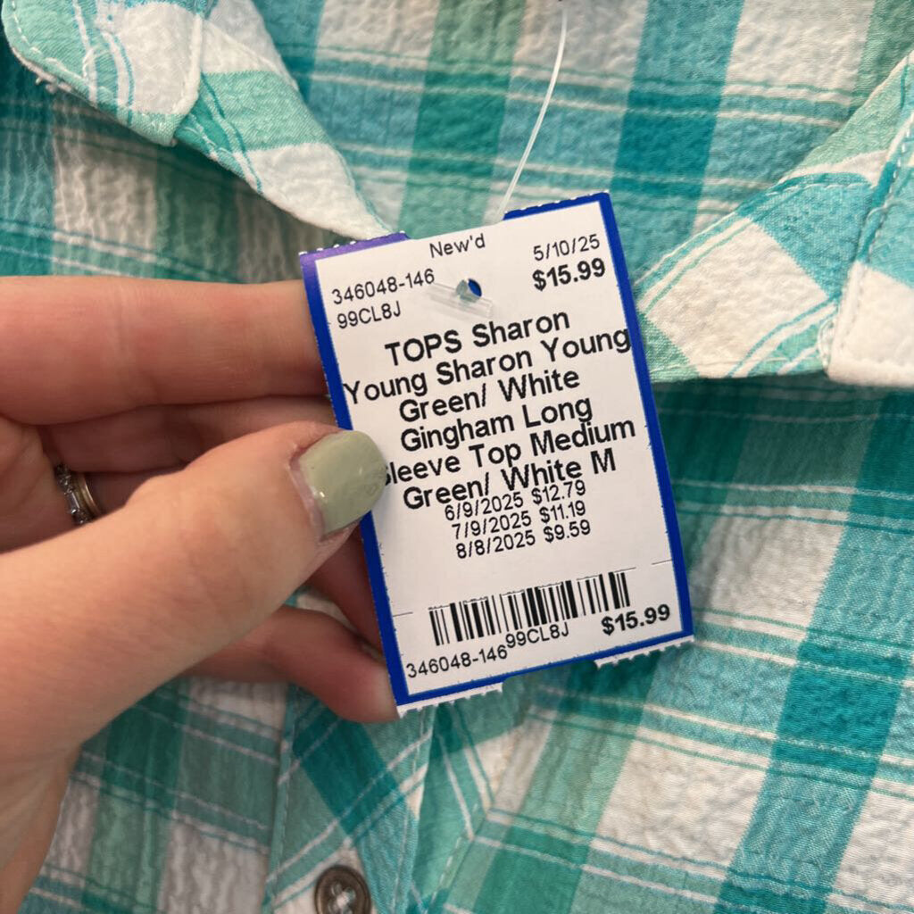 Sharon Young Green/ White Gingham Long Sleeve Top Medium