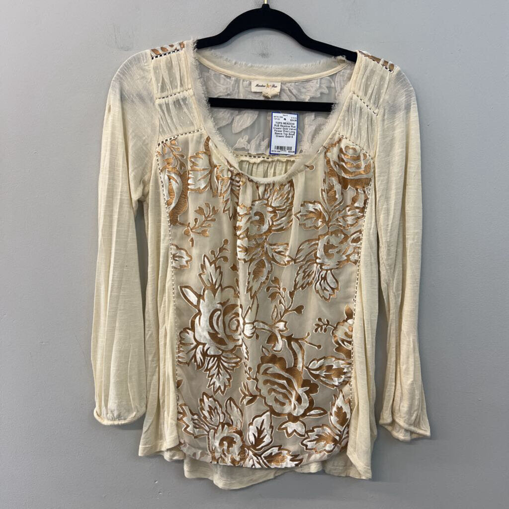 Meadow Rue Cream/ Gold Velvet Flower Print Long Sleeve Top Small