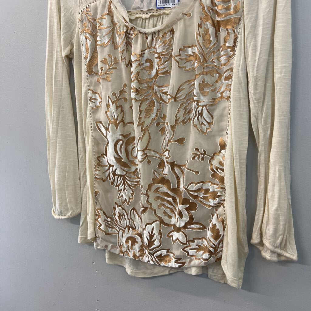 Meadow Rue Cream/ Gold Velvet Flower Print Long Sleeve Top Small