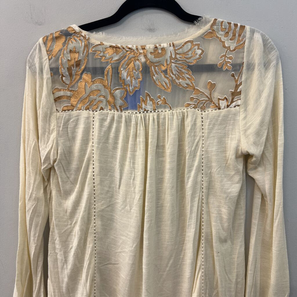 Meadow Rue Cream/ Gold Velvet Flower Print Long Sleeve Top Small