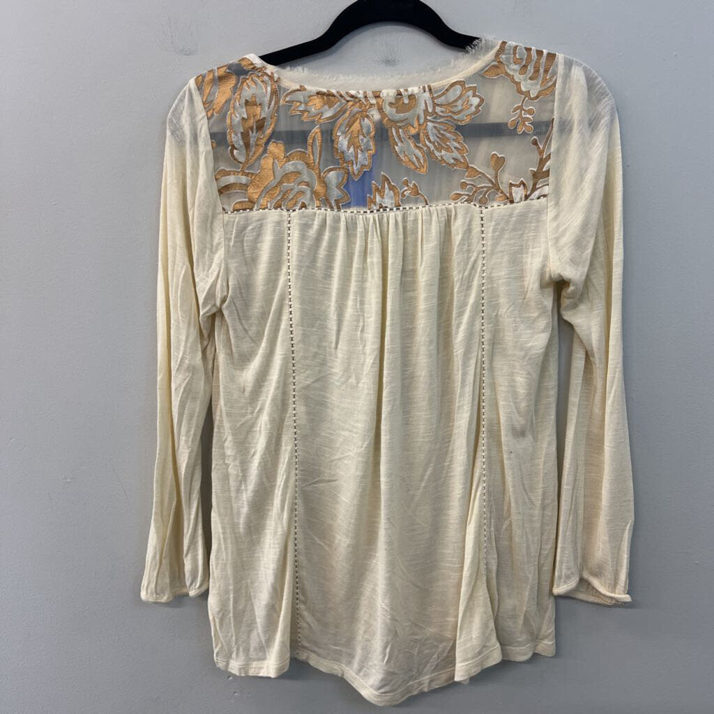 Meadow Rue Cream/ Gold Velvet Flower Print Long Sleeve Top Small
