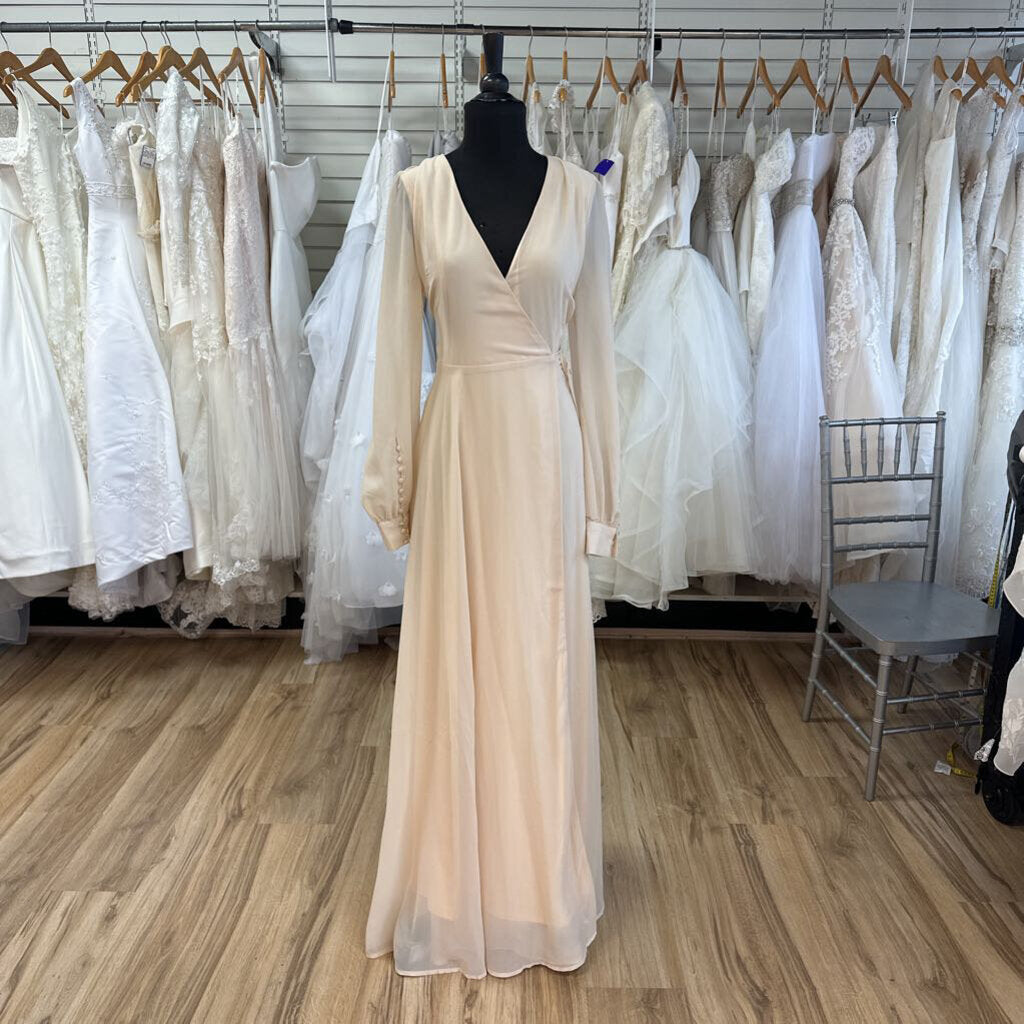 Lulus Peach Beige Long Sleeve V Neck Wrap Long Formal Dress Large