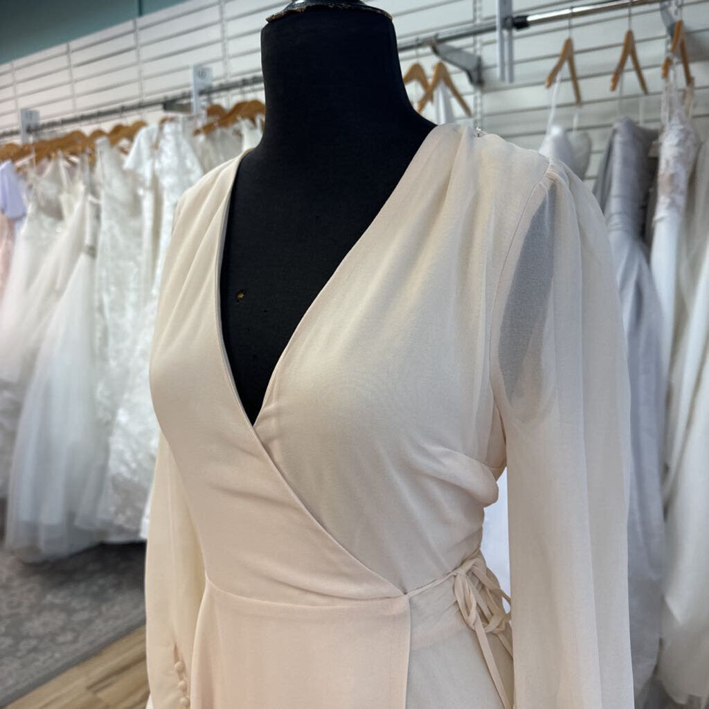 Lulus Peach Beige Long Sleeve V Neck Wrap Long Formal Dress Large