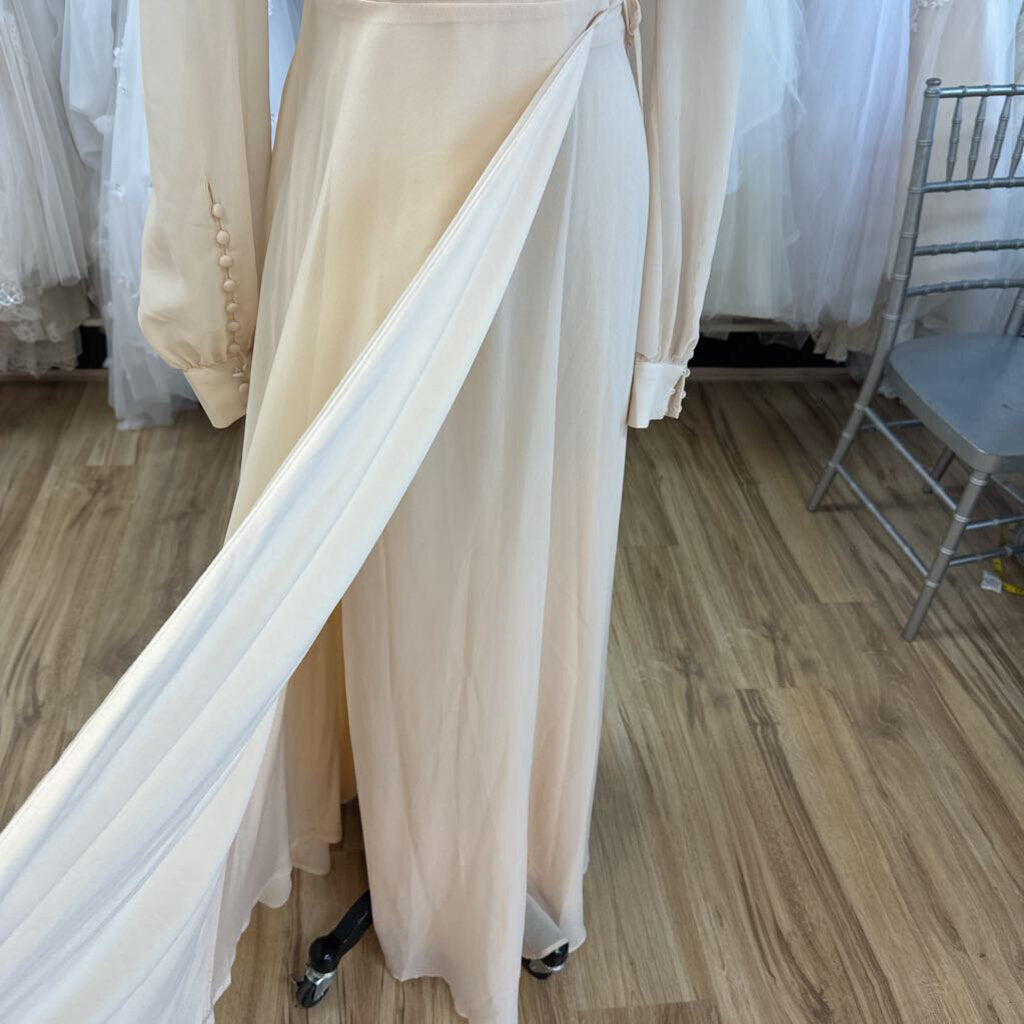 Lulus Peach Beige Long Sleeve V Neck Wrap Long Formal Dress Large
