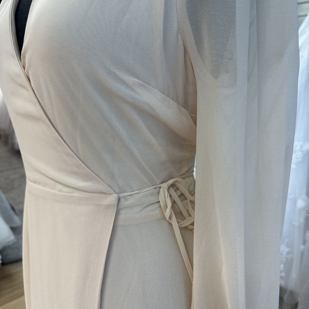 Lulus Peach Beige Long Sleeve V Neck Wrap Long Formal Dress Large