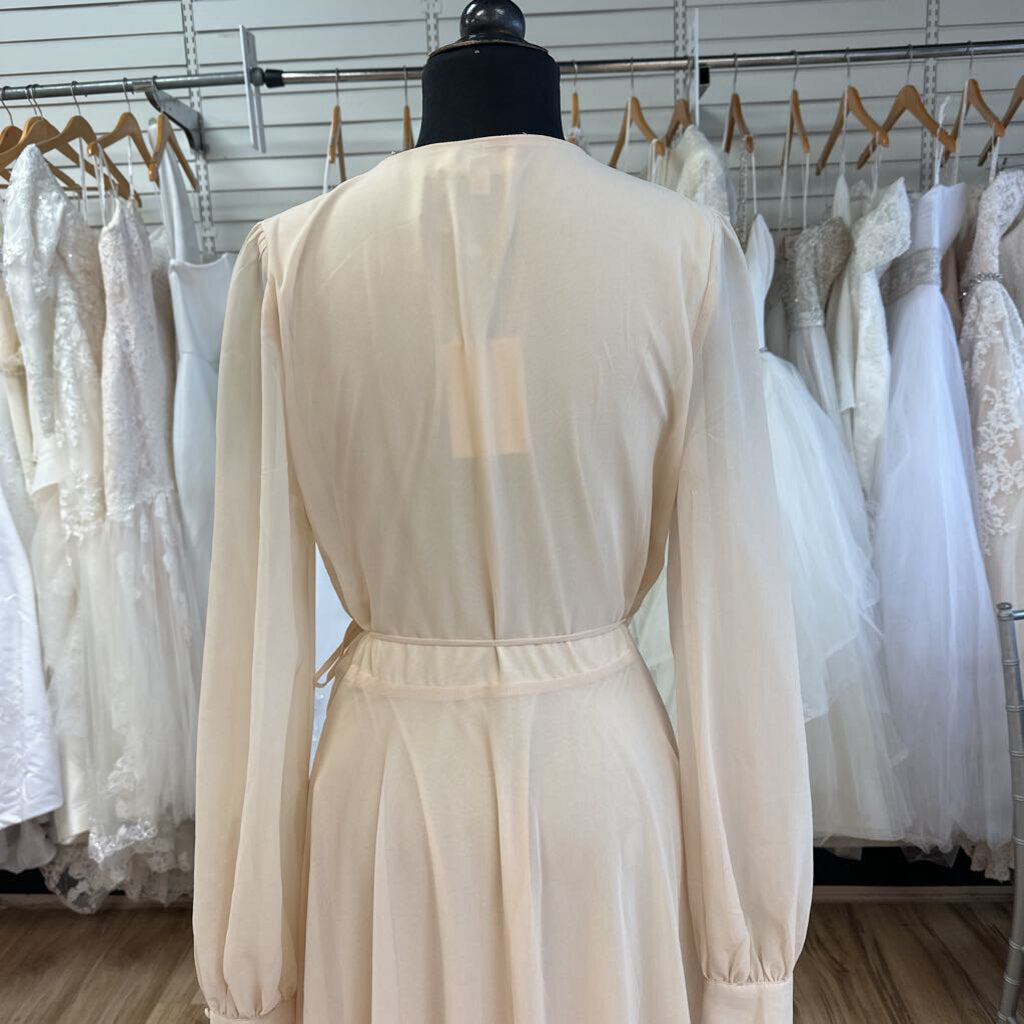Lulus Peach Beige Long Sleeve V Neck Wrap Long Formal Dress Large
