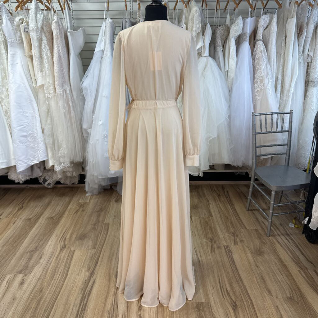 Lulus Peach Beige Long Sleeve V Neck Wrap Long Formal Dress Large