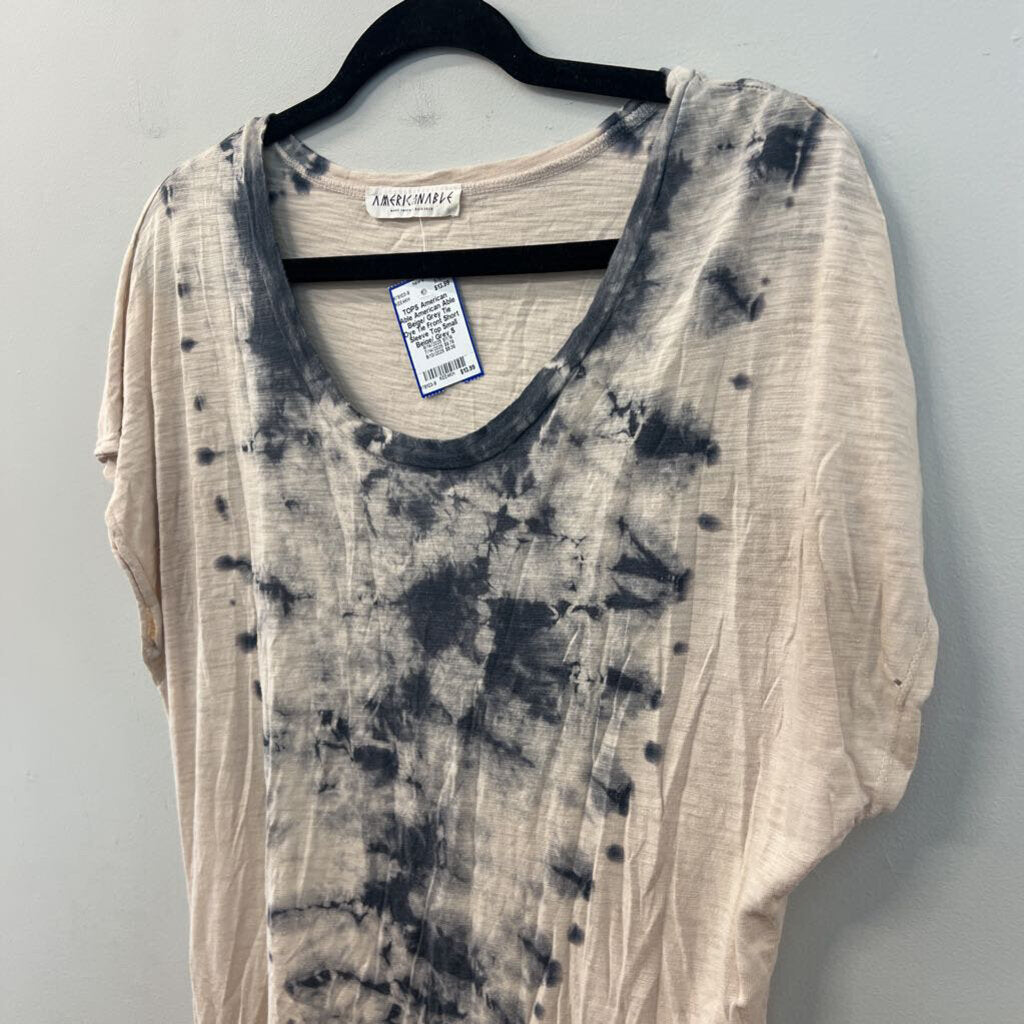 American Able Beige/ Grey Tie Dye Tie Front Short Sleeve Top Small