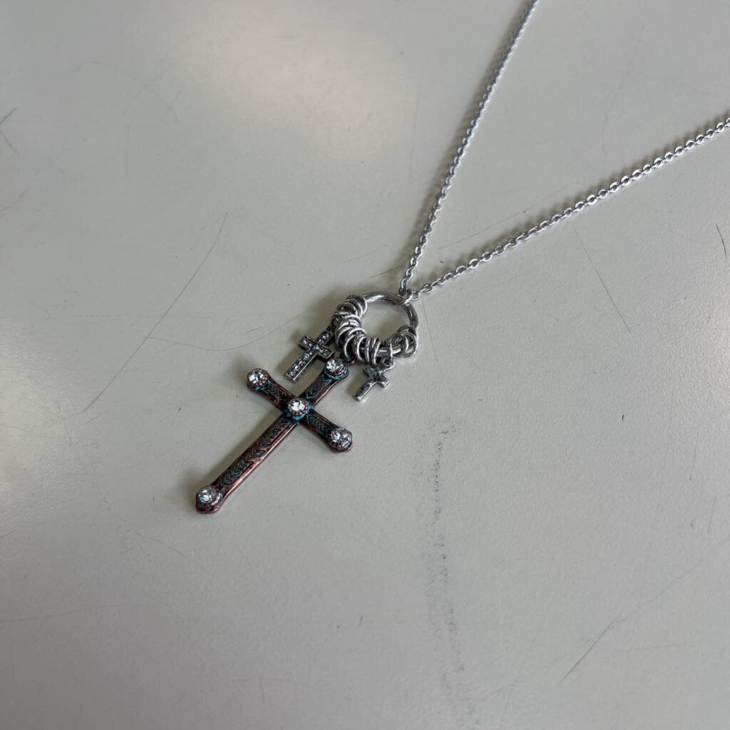 Silver Triple Cross Long Pendant Necklace