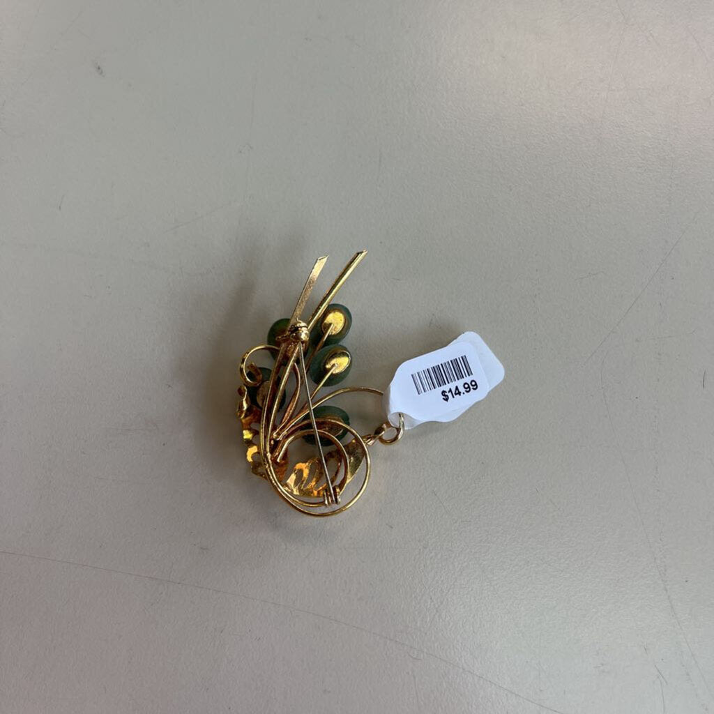 Vintage Gold Toned Jade Brooch