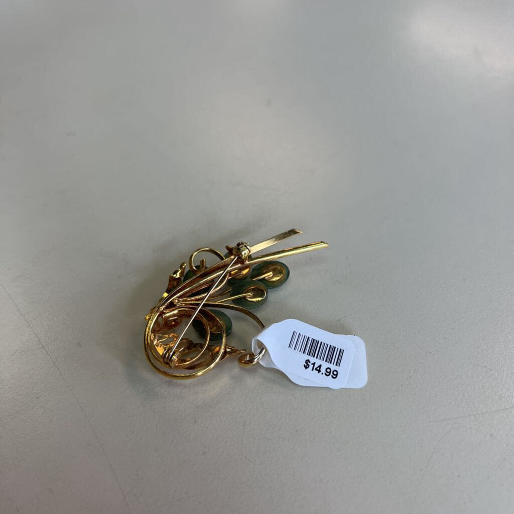 Vintage Gold Toned Jade Brooch